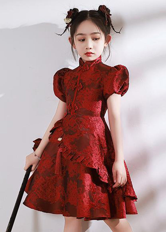 Robe longue asymétrique rouge à col volanté pour enfant
