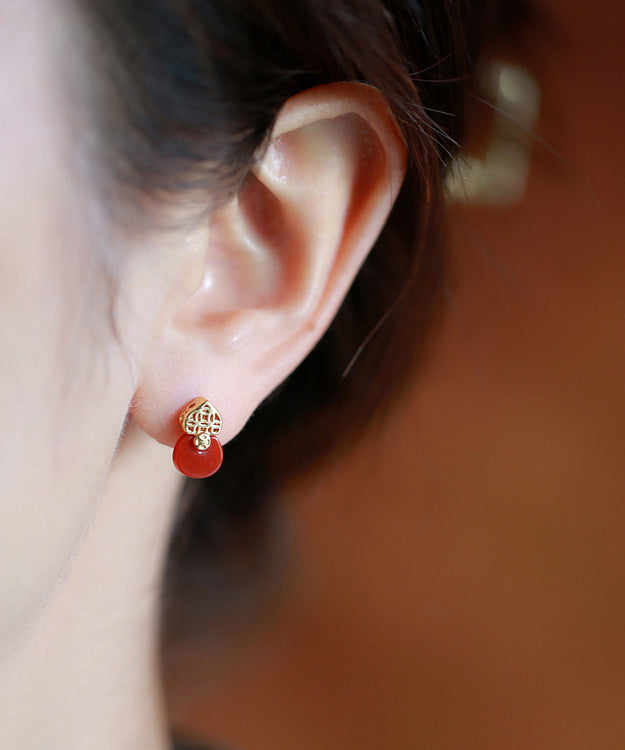 Boucles d'oreilles à tige en argent sterling rouge avec agate dorée DF1015