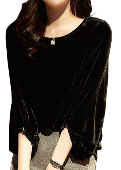 Style Versatile  Black O Neck Velour Blouse Top Lantern Sleeve BV073