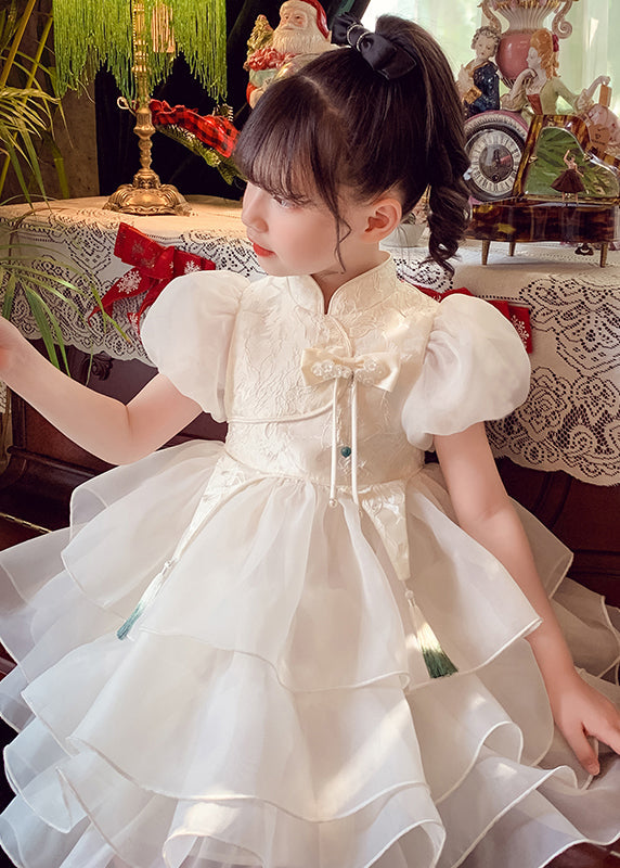 Robe longue boutonnée à pompons pour enfants, en tulle, blanche, pour l'été