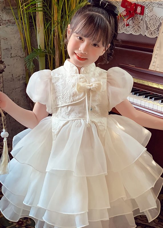 Robe longue boutonnée à pompons pour enfants, en tulle, blanche, pour l'été