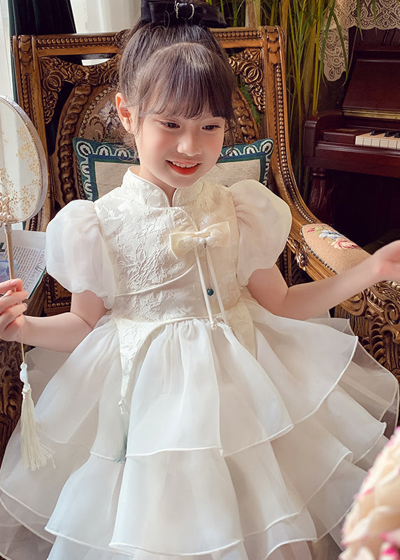 Robe longue boutonnée à pompons pour enfants, en tulle, blanche, pour l'été