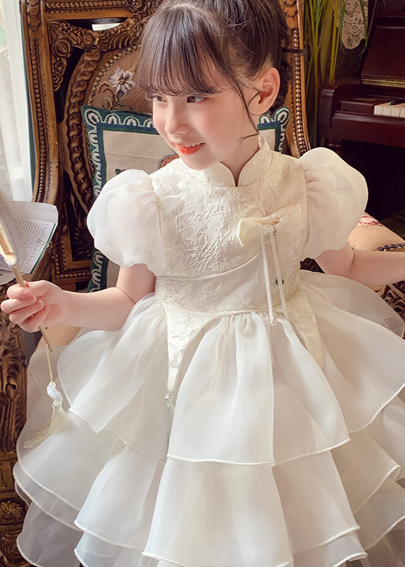 Robe longue boutonnée à pompons pour enfants, en tulle, blanche, pour l'été