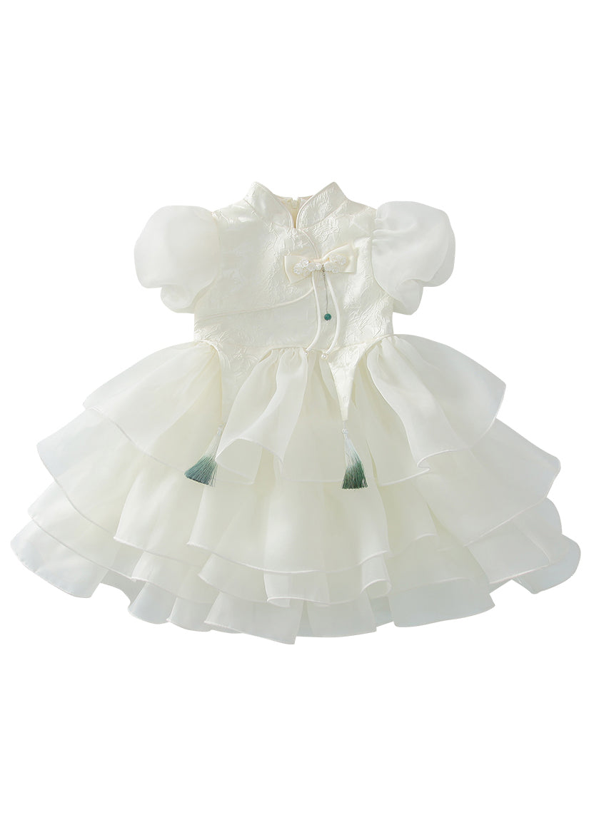 Robe longue boutonnée à pompons pour enfants, en tulle, blanche, pour l'été