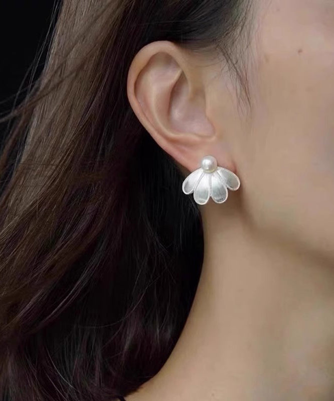White Stud Sterling Earrings Pearl Silver Style Petal