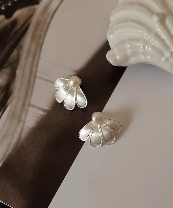 White Stud Sterling Earrings Pearl Silver Style Petal
