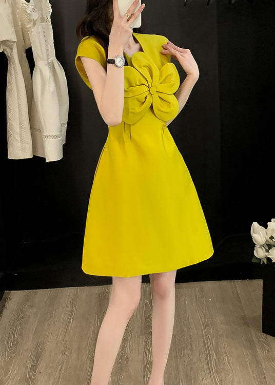 Floral Neck Style Cotton Dress Summer O Yellow Decorated