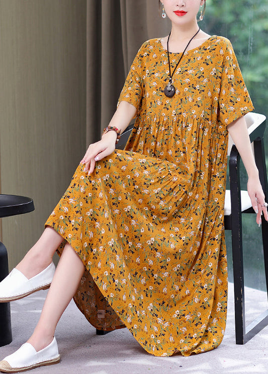 Style Yellow O-Neck Print Wrinkled Long Dress Summer GH1057