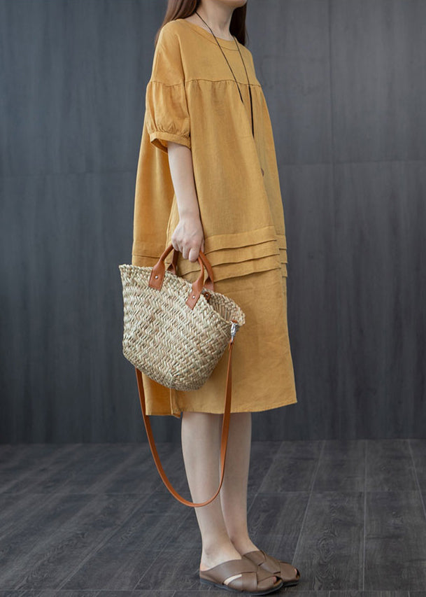 Style Summer Patchwork Wrinkled Yellow Oversized Dress Mid