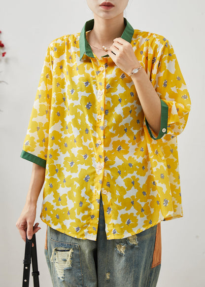 Style Yellow Oversized Print Linen Shirt Tops Bracelet Sleeve AP1076