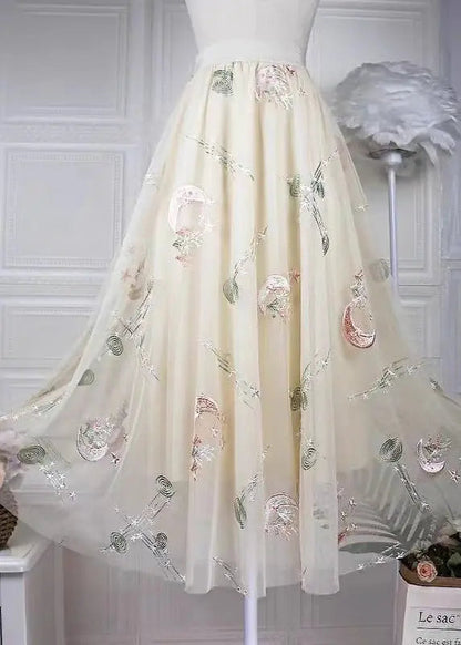 Stylish Apricot Embroidered High Waist Tulle Skirts Spring Ada Fashion