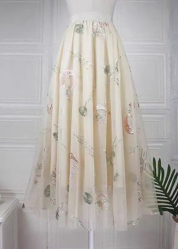 Stylish Apricot Embroidered High Waist Tulle Skirts Spring Ada Fashion