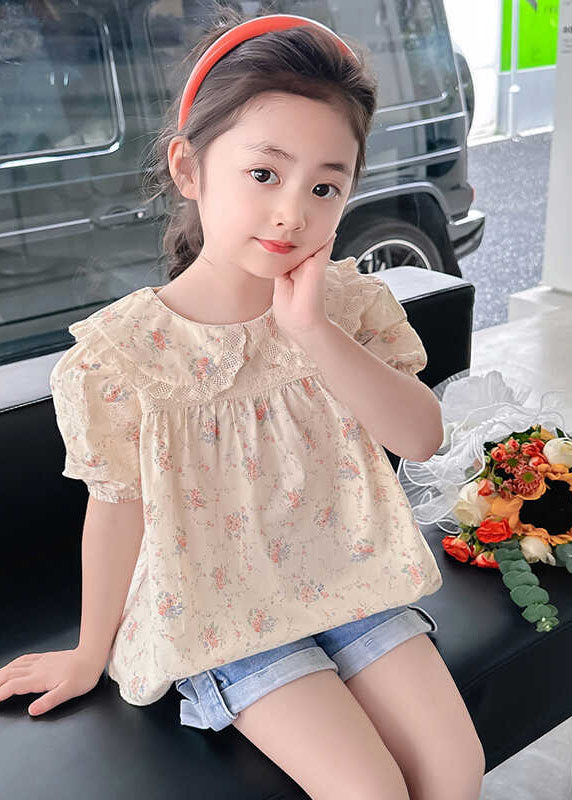 Stylish Apricot Peter Pan Collar Print Wrinkled Girls Top Short Sleeve SS1015