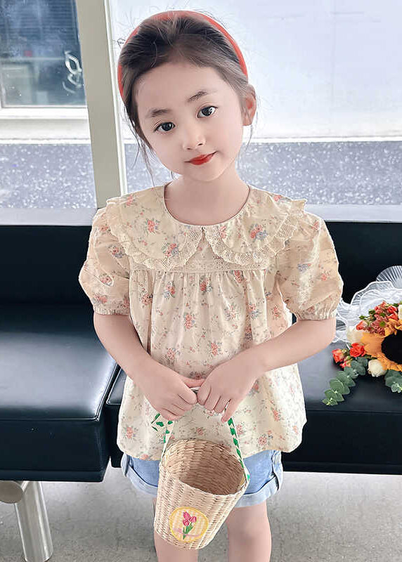 Stylish Apricot Peter Pan Collar Print Wrinkled Girls Top Short Sleeve SS1015