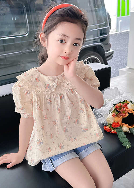 Stylish Apricot Peter Pan Collar Print Wrinkled Girls Top Short Sleeve SS1015