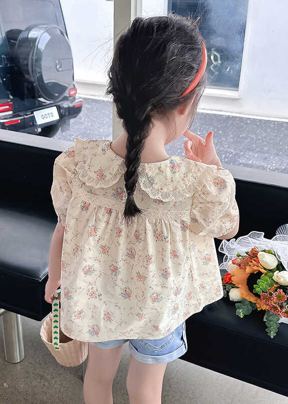 Stylish Apricot Peter Pan Collar Print Wrinkled Girls Top Short Sleeve SS1015