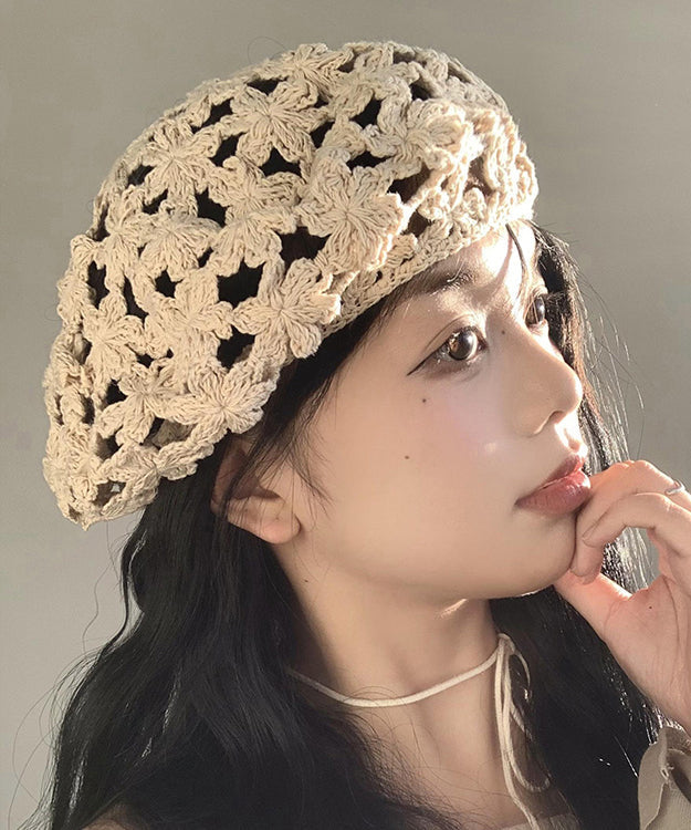 Stylish Beige Hollow Out  Floral Knit Beret Hat WB024