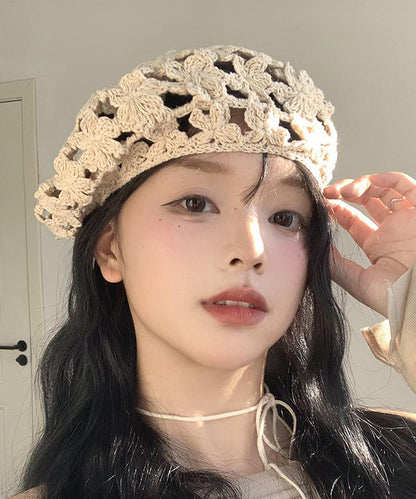 Stylish Beige Hollow Out  Floral Knit Beret Hat WB024