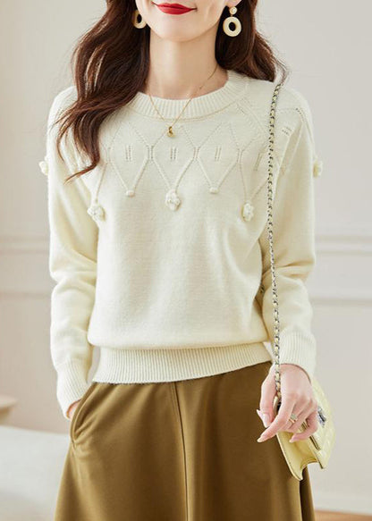 Stylish Beige O Neck Hollow Out Knit Sweater Fall QS011