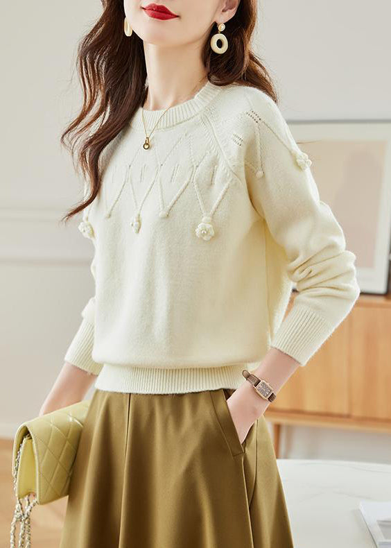 Stylish Beige O Neck Hollow Out Knit Sweater Fall QS011