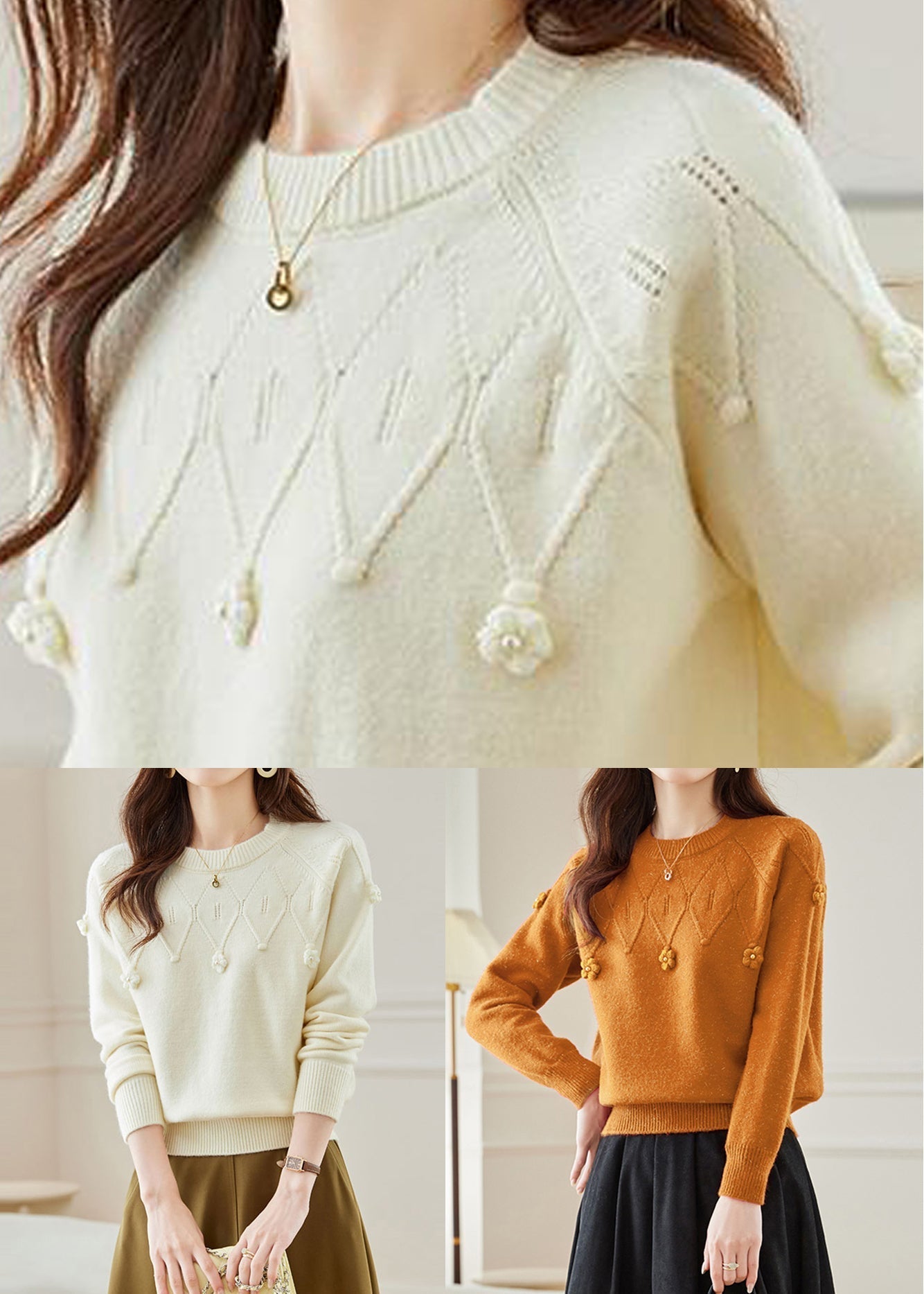 Stylish Beige O Neck Hollow Out Knit Sweater Fall QS011