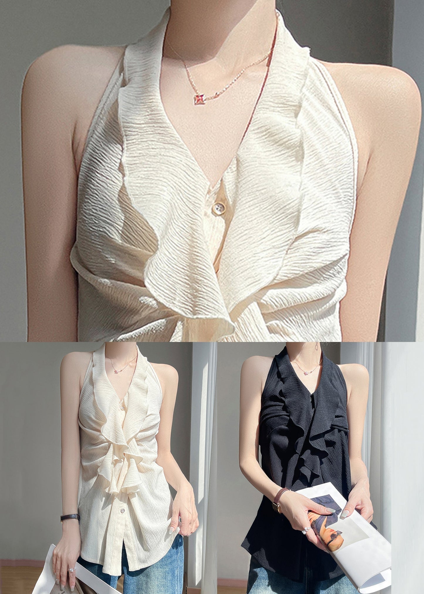 Button Sleeveless Beige Ruffled Shirts Stylish Cotton