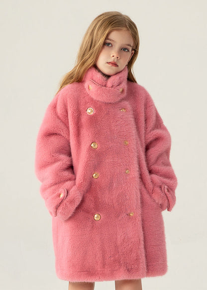 Stylish Beige Stand Collar Pockets Kids Long Mink Velvet Coats Winter WL013