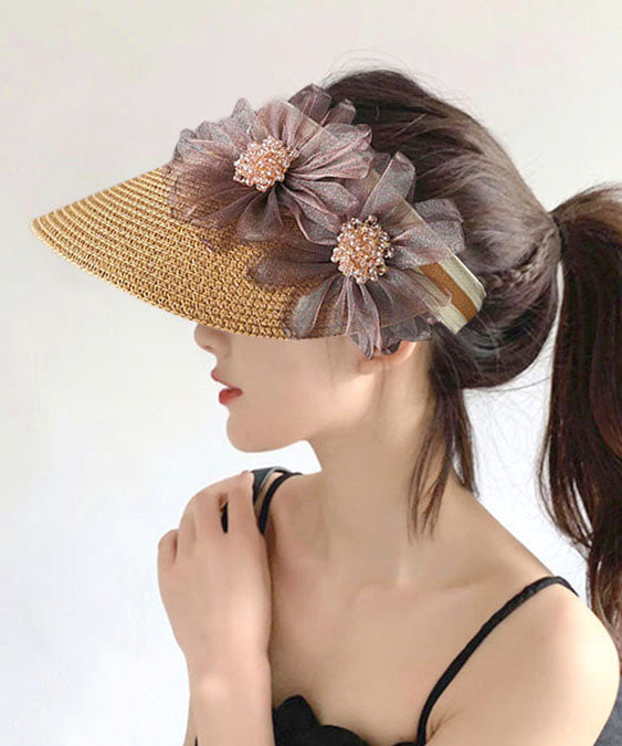 Stylish Beige Tulle Flower Empty Top Sunshade Hat Summer YU1026