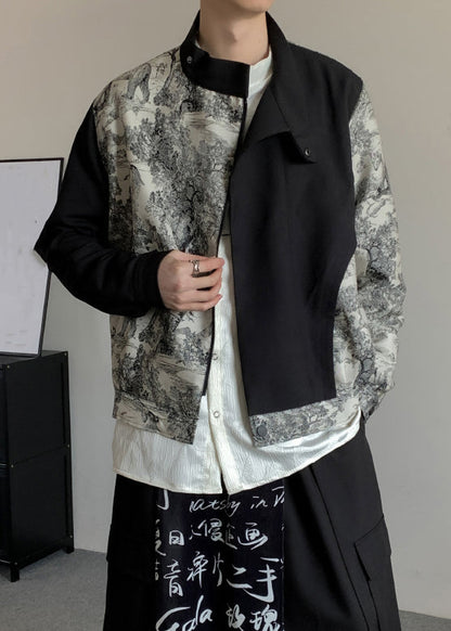 Stylish Black Asymmetrical Print Cotton Men Coat Fall RO020