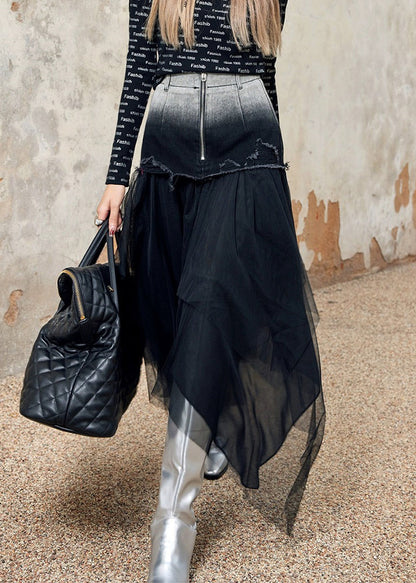 Stylish Black Asymmetrical Tulle Patchwork Denim Skirt Spring QQ1058