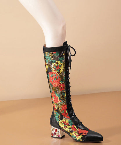 Stylish Black Boots Lace Up Print Genuine Leather Chunky Boots AH710