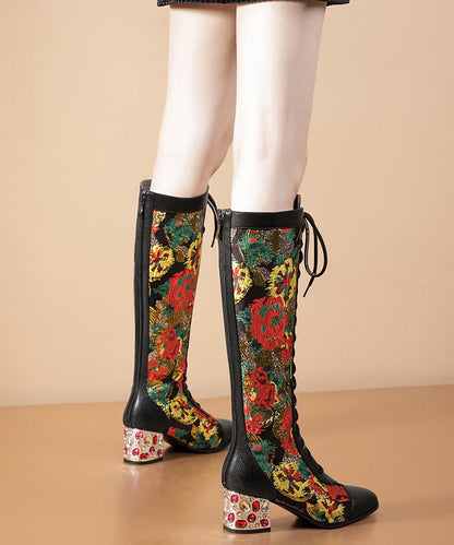 Stylish Black Boots Lace Up Print Genuine Leather Chunky Boots AH710