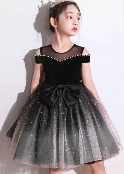 Stylish Black Bow Nail Bead Tulle Kids Holiday Mid Dress Short Sleeve EW006