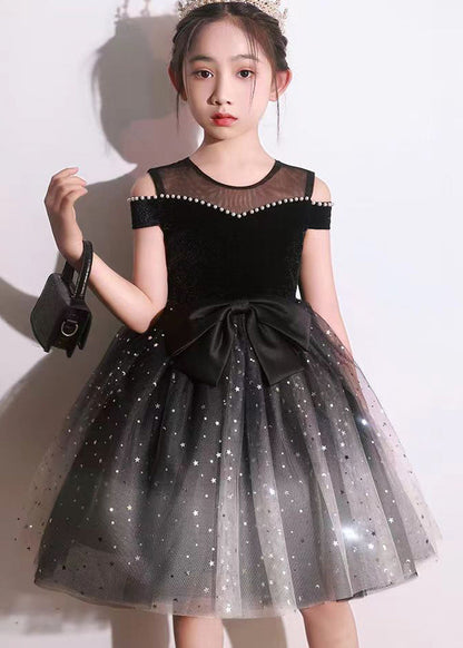 Stylish Black Bow Nail Bead Tulle Kids Holiday Mid Dress Short Sleeve EW006