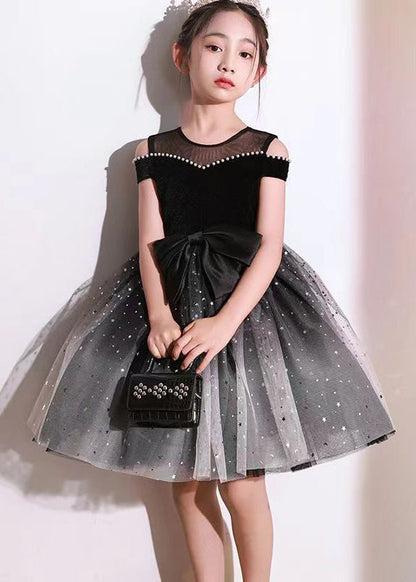 Stylish Black Bow Nail Bead Tulle Kids Holiday Mid Dress Short Sleeve EW006