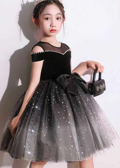 Stylish Black Bow Nail Bead Tulle Kids Holiday Mid Dress Short Sleeve EW006