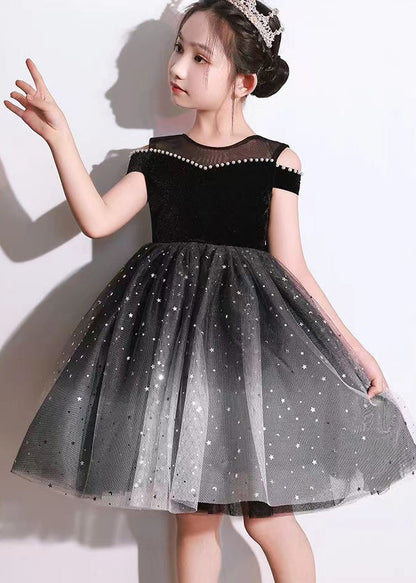 Stylish Black Bow Nail Bead Tulle Kids Holiday Mid Dress Short Sleeve EW006