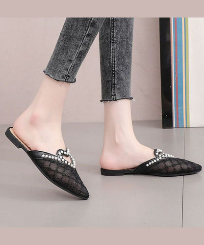 Stylish Black Breathable Mesh Splicing Slide Sandals Nail Bead JJ051