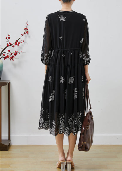 Stylish Black Embroidered Chiffon Cinched Dresses Summer AP1063