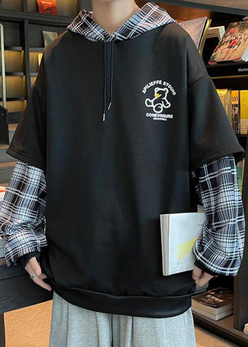 Frühling Sweatshirts Patchwork Mit Kapuze Stilvolle Herren Baumwolle Schwarz