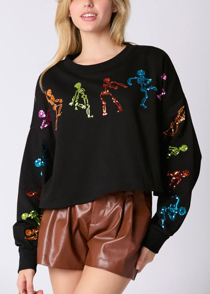 Stylish Black O Neck Sequins Cotton Sweatshirt Fall AE1002