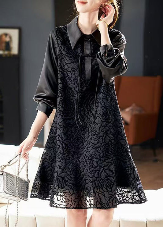 Stylish Black Peter Pan Collar Button Shirts Dress Spring RL040