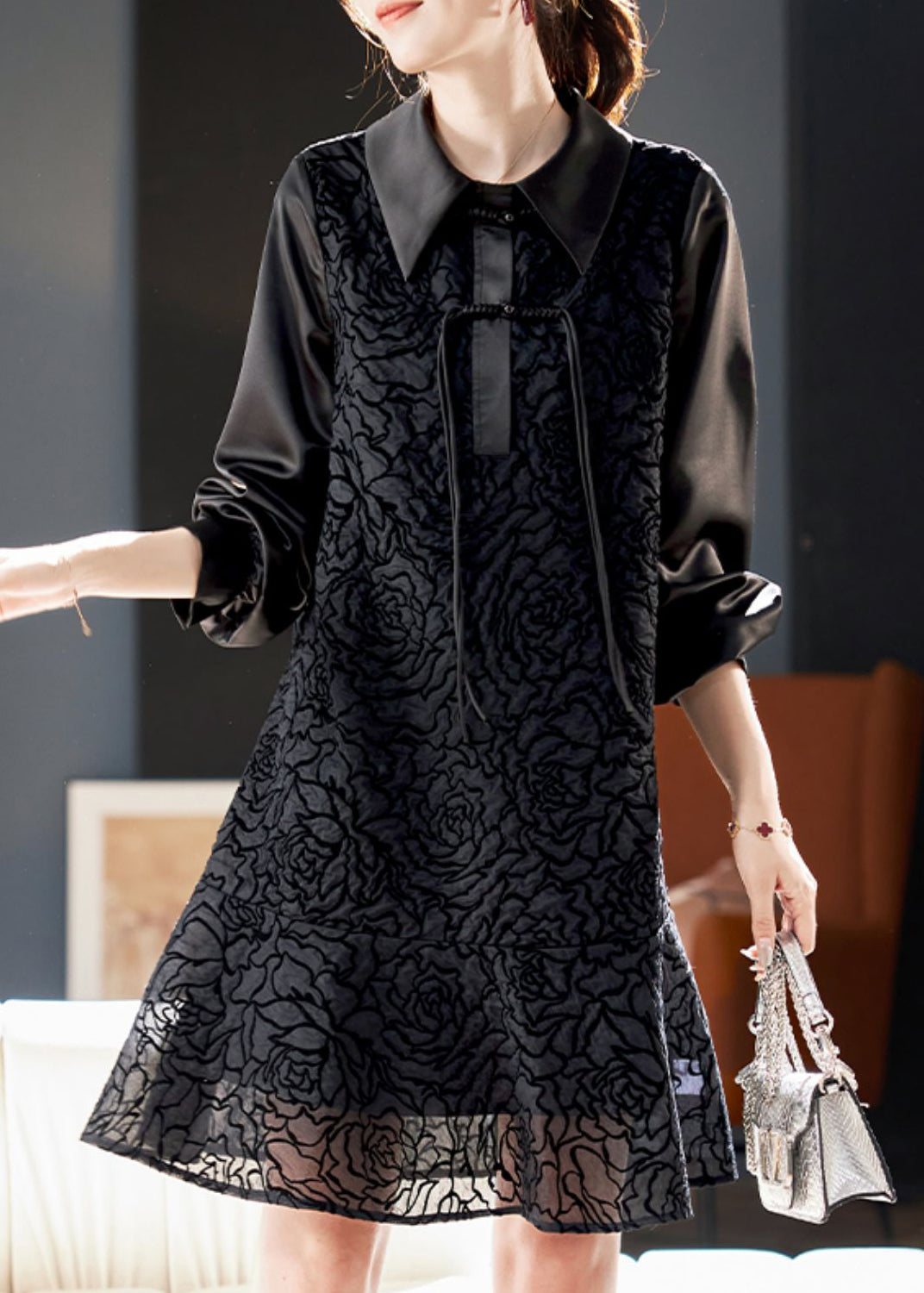 Stylish Black Peter Pan Collar Button Shirts Dress Spring RL040