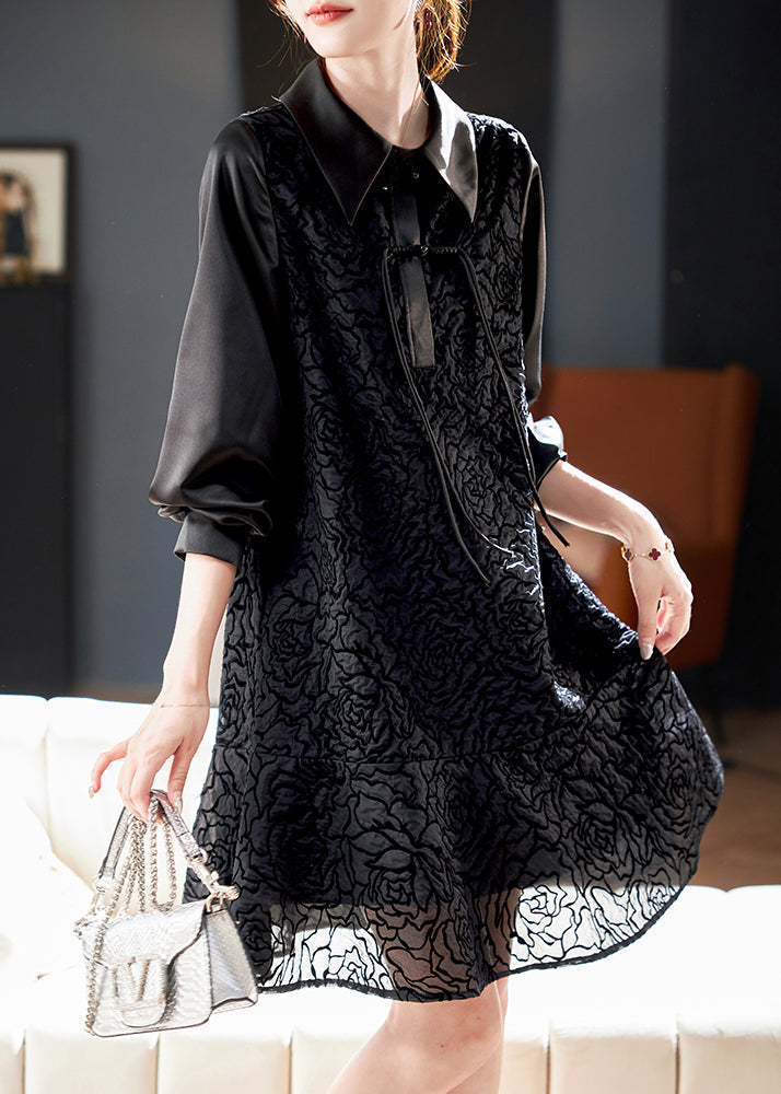 Stylish Black Peter Pan Collar Button Shirts Dress Spring RL040