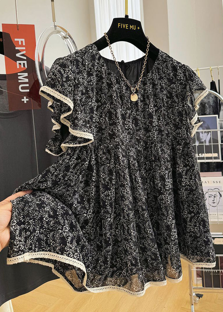Tanks Chiffon Print Black Butterfly Stylish Sleeve