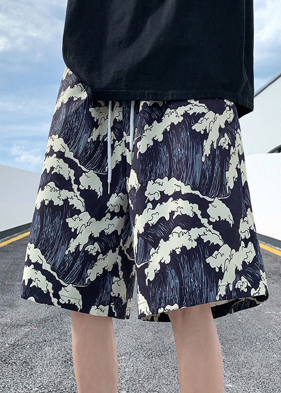 Summer Black Men Ice Stylish Print Silk Elastic Waist Shorts