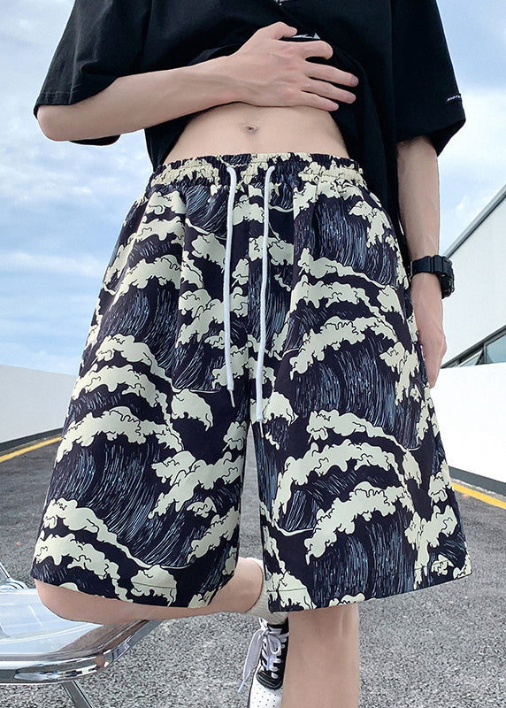 Summer Black Men Ice Stylish Print Silk Elastic Waist Shorts