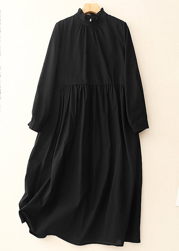 Robe noire longue en coton à volants, élégante, printemps