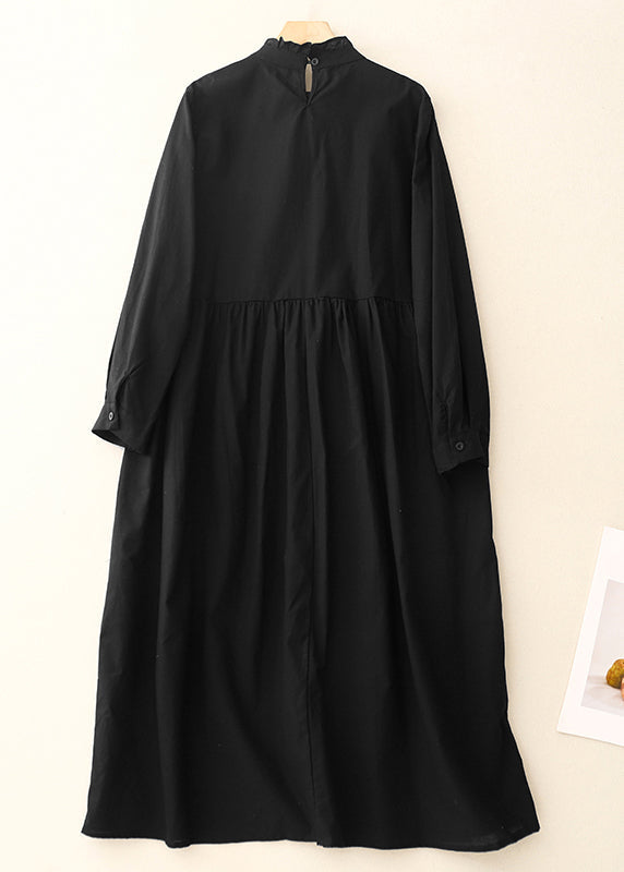 Robe noire longue en coton à volants, élégante, printemps