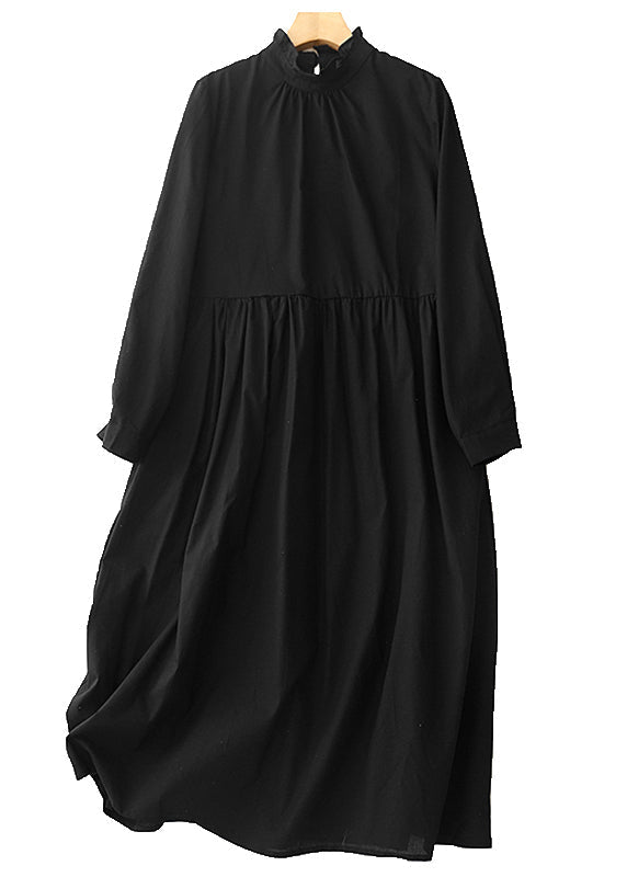 Robe noire longue en coton à volants, élégante, printemps